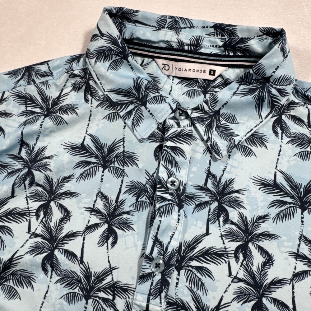 7 Diamonds Rowan Polo Shirt Mens S Blue Palm Tree Print 4-Way‎ Stretch NWOT